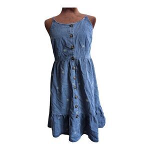 Japna Scoop neck button down daisy embroidered denim chambray Summer dress sz m